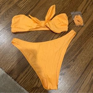Orange aerie strapless high leg bikini set